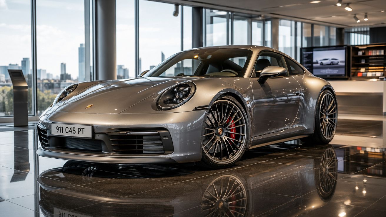 Automóvel Porsche 911 C4S PT cinza metálico exposto em showroom moderno com chão polido.