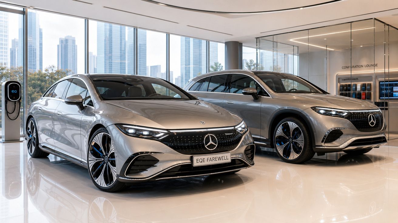 Dois carros Mercedes-Benz elétricos cinzentos expostos numa sala luminosa com janelas grandes e vista para arranha-céus.