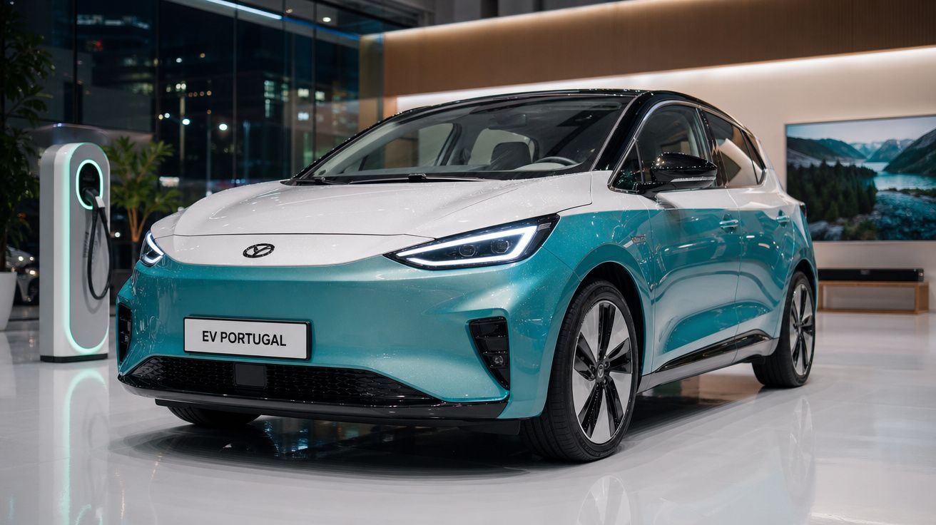 Carro elétrico Hyundai azul e branco em exposição interior com posto de carregamento à esquerda.
