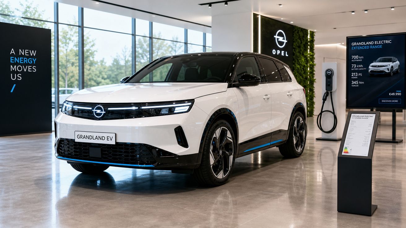 Carro elétrico Opel Grandland EV branco exposto em concessionária moderna com painel informativo ao lado.