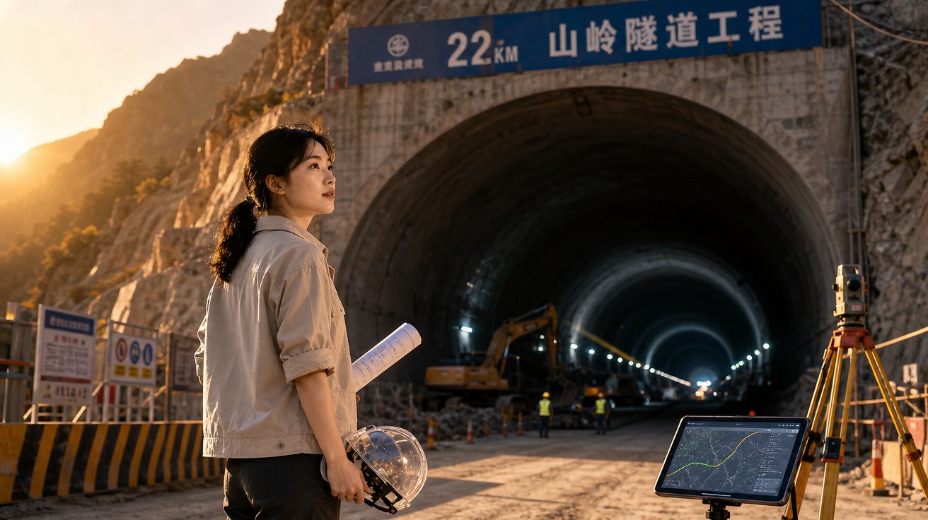 Mulher engenheira com capacete e planta, em obra de túnel longo, com máquinas e trabalhadores ao fundo.