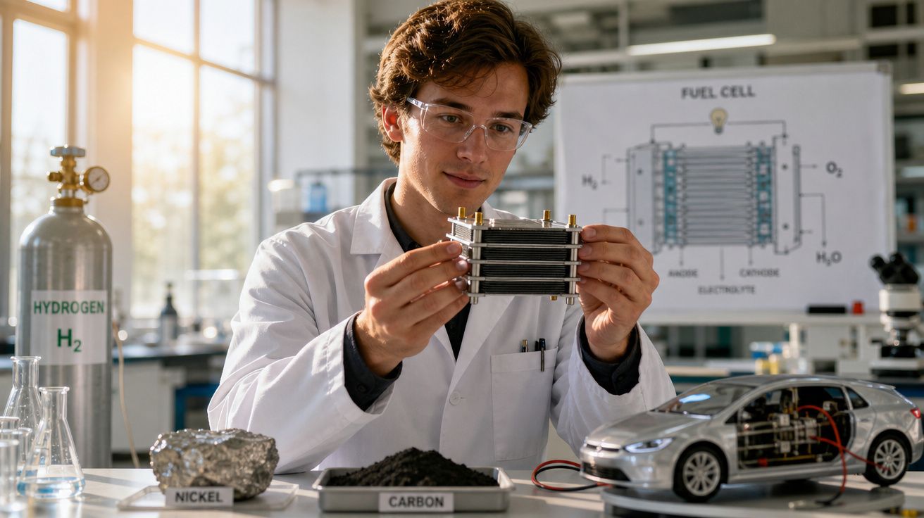 Cientista em laboratório a examinar célula de combustível com tanque de hidrogénio, amostras de níquel e carbono e modelo de 