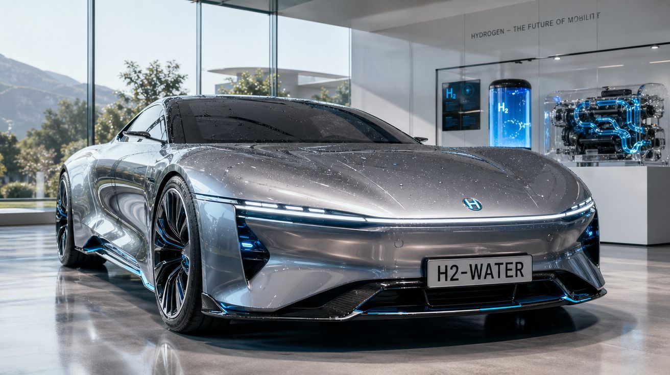 Carro desportivo futurista prateado movido a hidrogénio exibido numa exposição moderna.