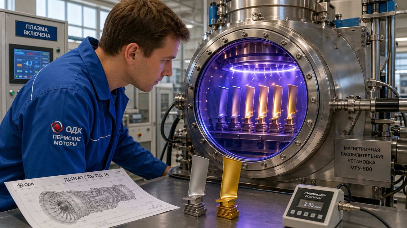 Técnico observa processo de revestimento metálico em equipamento industrial com luzes azuis e amarelas.