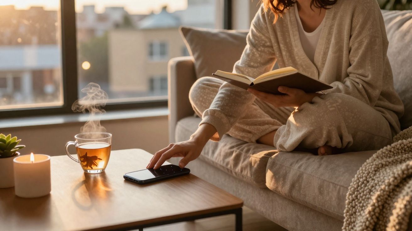 Pessoa sentada no sofá a ler um livro, com chá quente e uma vela acesa na mesa de centro.
