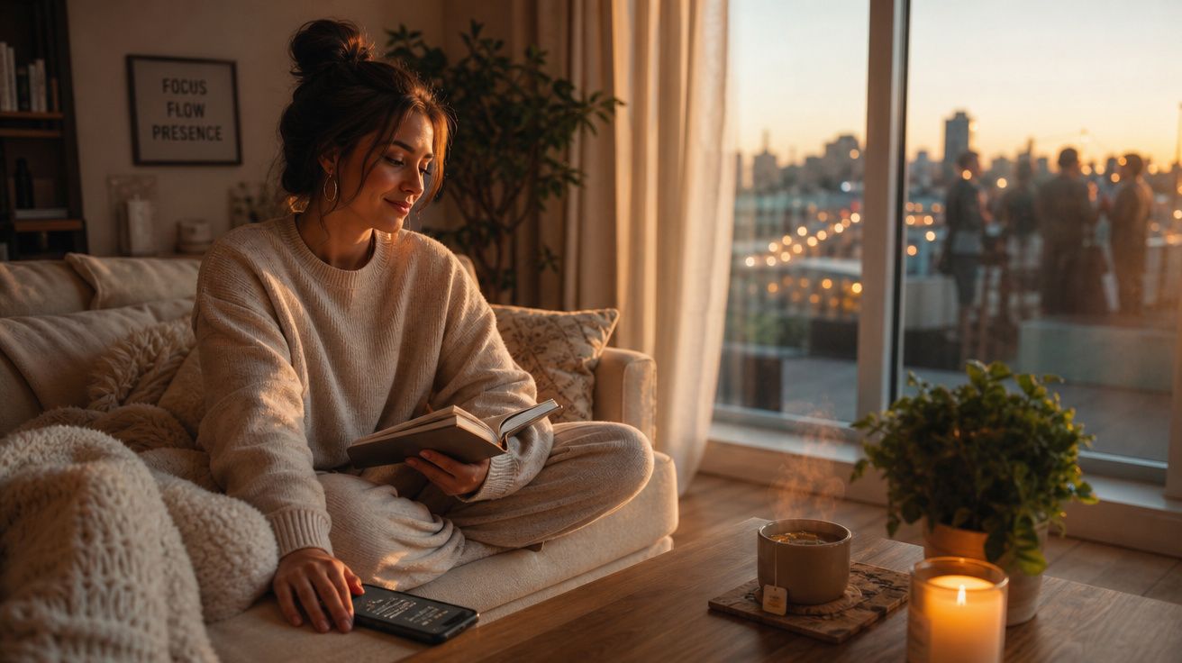 Mulher sentada no sofá a ler um livro, com chá e vela acesa numa mesa, ao pôr do sol na cidade.