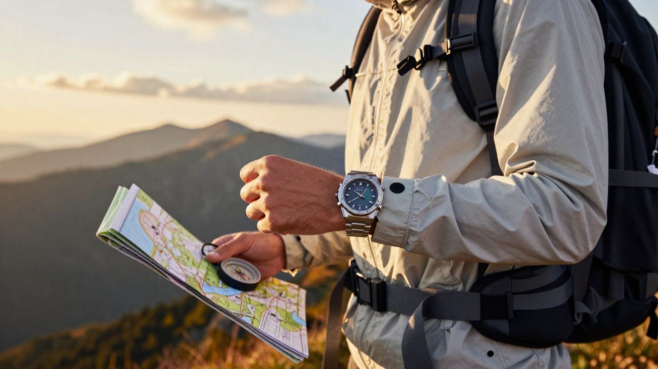 Pessoa com mochila a consultar um mapa e bússola numa caminhada em montanha ao pôr do sol.