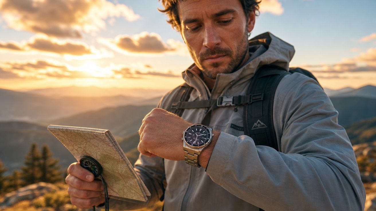 Homem com mochila e casaco verifica horas num relógio enquanto segura um mapa ao pôr do sol na montanha.