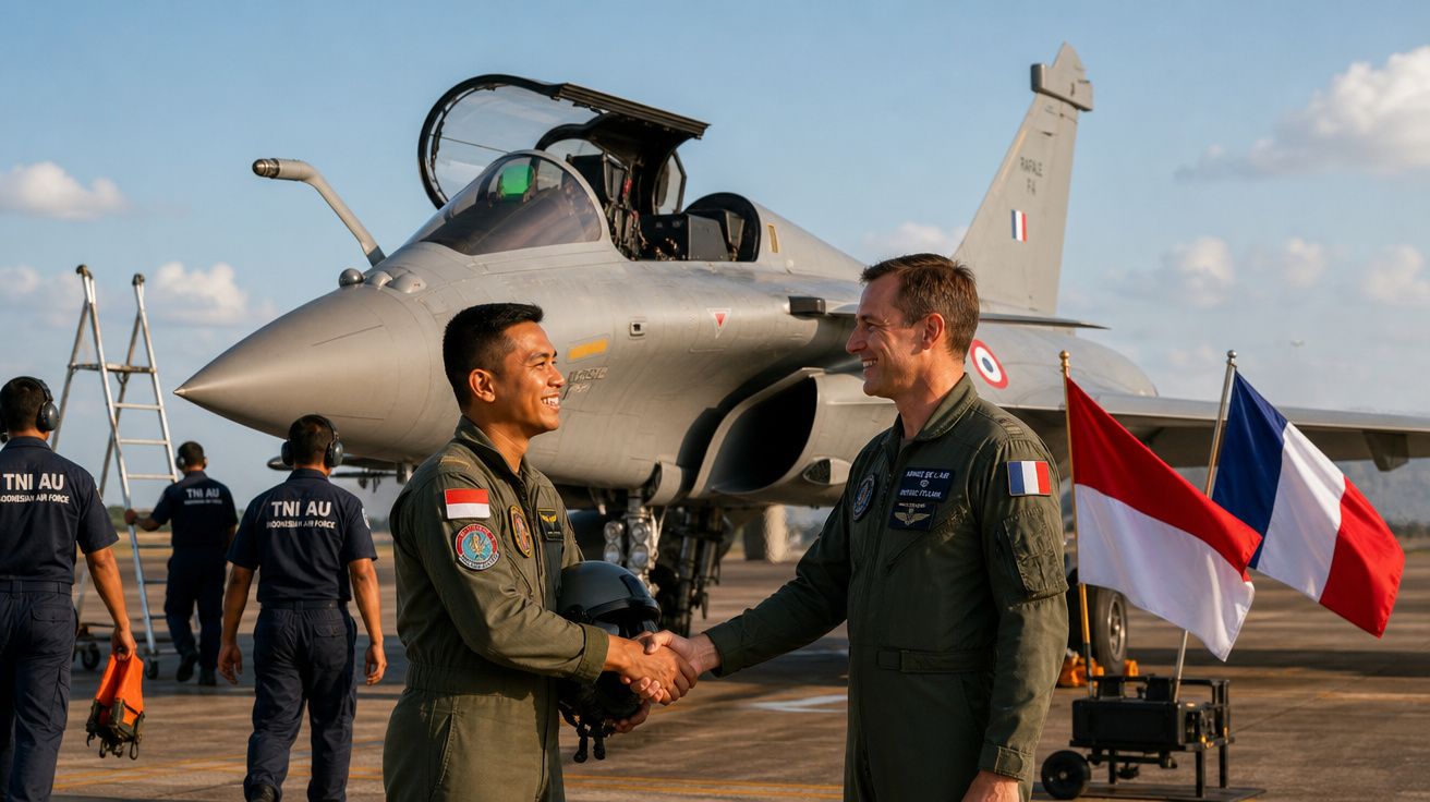Dois pilotos militares, um indonésio e outro francês, apertam as mãos em frente a um caça Rafale.