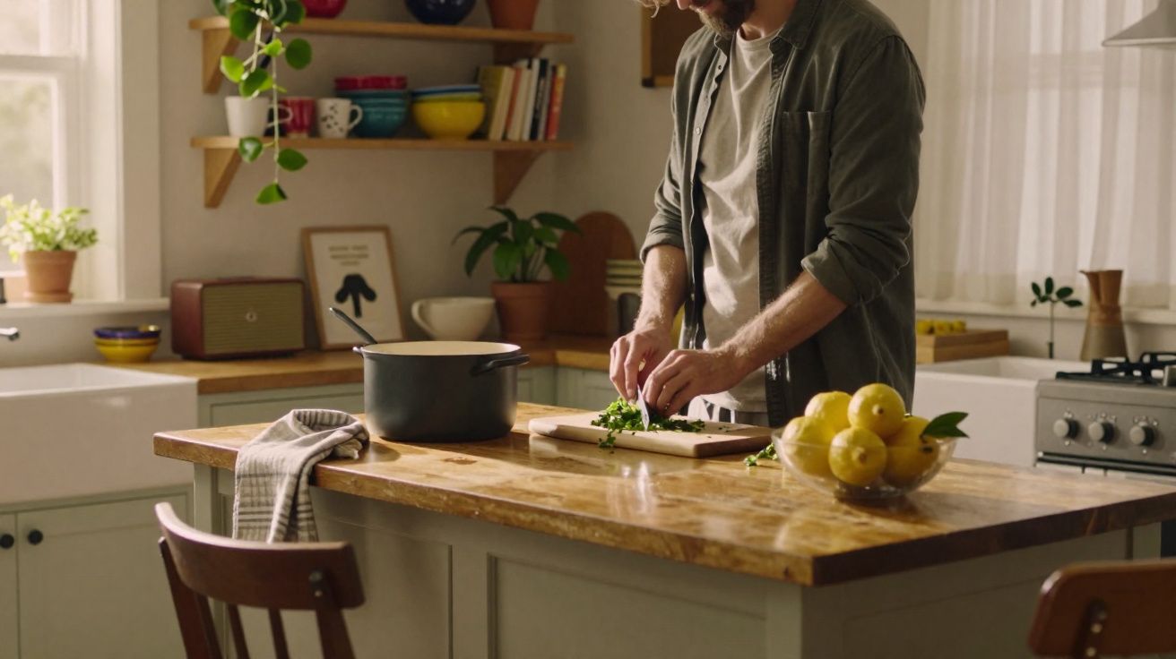 Homem a cortar ervas numa cozinha iluminada, com bancada de madeira e utensílios ao fundo.