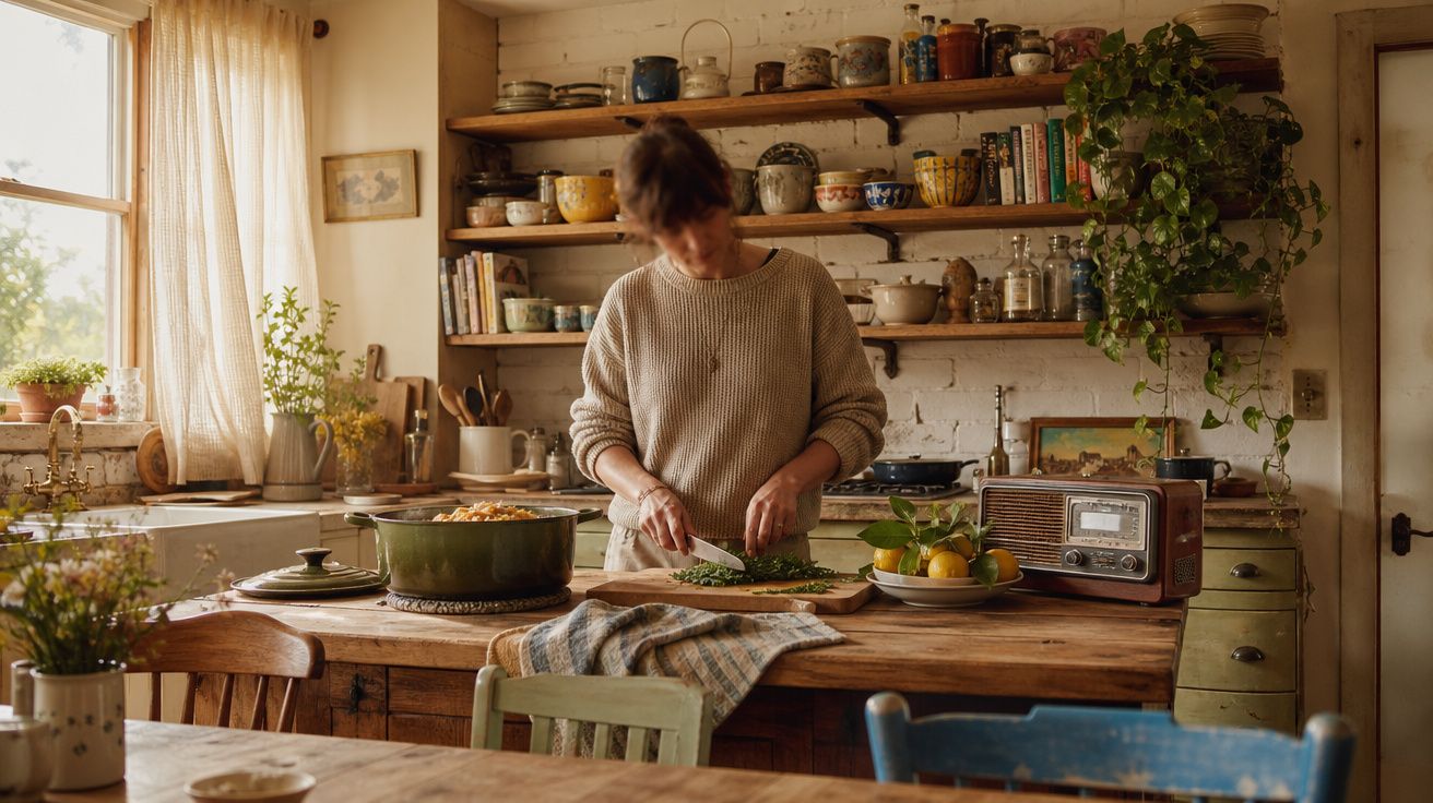 Pessoa a cortar ervas frescas numa cozinha rústica com prateleiras de cerâmicas e plantas junto à janela.