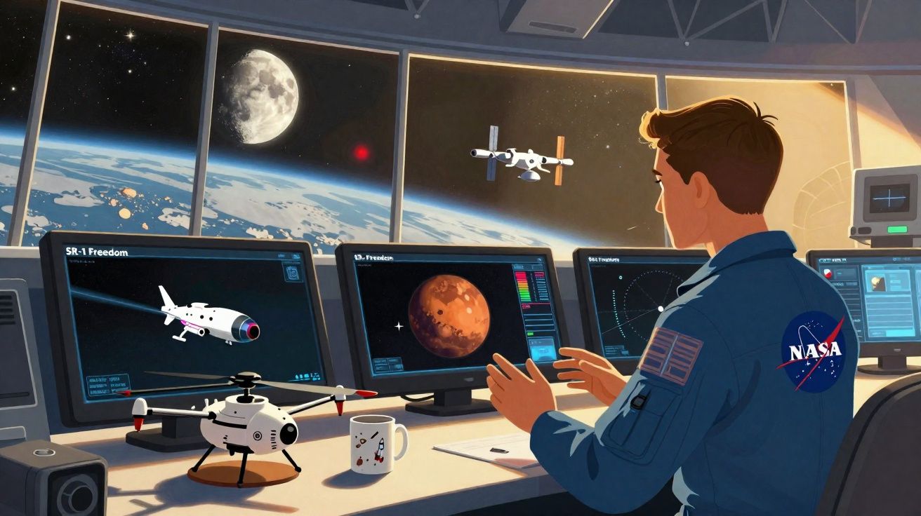 Astronauta da NASA num centro de controlo espacial com ecrãs de planetas, satélites e a Lua visível no espaço.