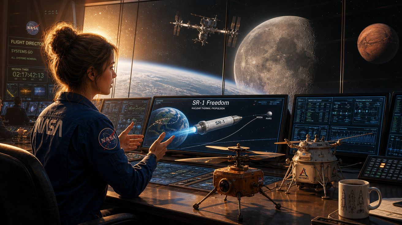 Mulher em uniforme NASA controla nave espacial em centro de comando com vista para Terra, Lua e Marte.