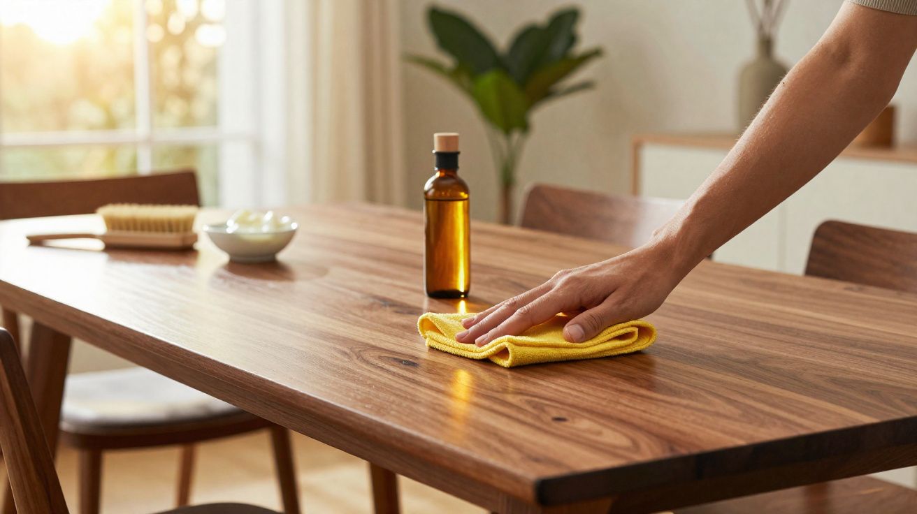 Pessoa a limpar mesa de madeira com pano amarelo num ambiente luminoso e decorado com plantas.