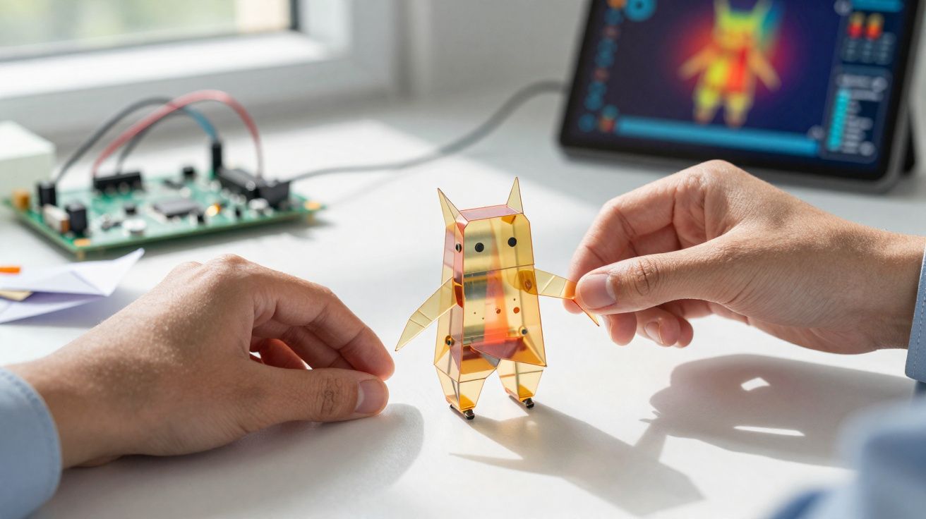 Mãos humanas seguram uma pequena figura robótica amarela transparente numa mesa perto de uma placa eletrónica e ecrã digital.