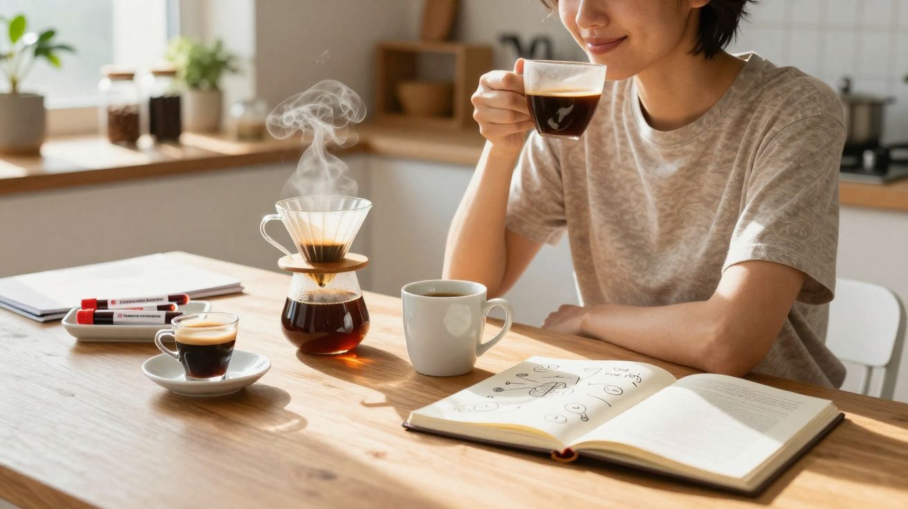 Pessoa desfrutando café quente enquanto estuda com livro aberto numa cozinha iluminada pela luz natural.