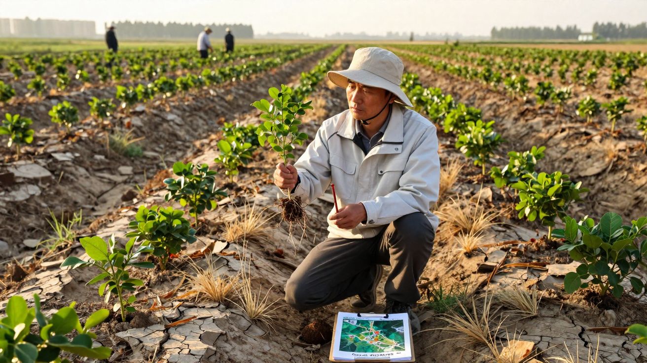 Homem numa plantação observa mudas enquanto segura uma planta com raízes ao sol poente.