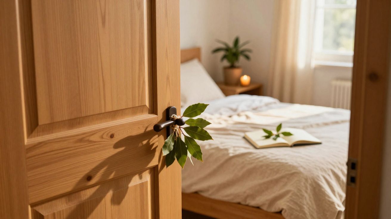 Quarto acolhedor com porta de madeira aberta, cama arrumada, livro aberto e ramo de folhas na maçaneta.