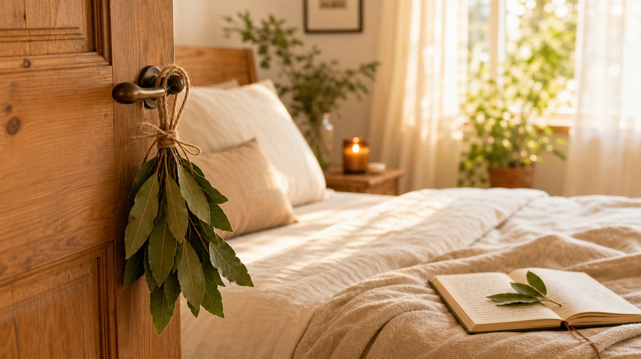 Quarto acolhedor com cama arrumada, janela com luz natural, folhas penduradas na porta e livro aberto com folhas.