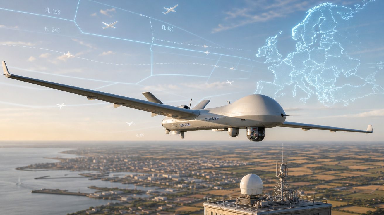 Drone de vigilância em voo sobre área costeira com mapa digital da Europa e rotas aéreas no céu.