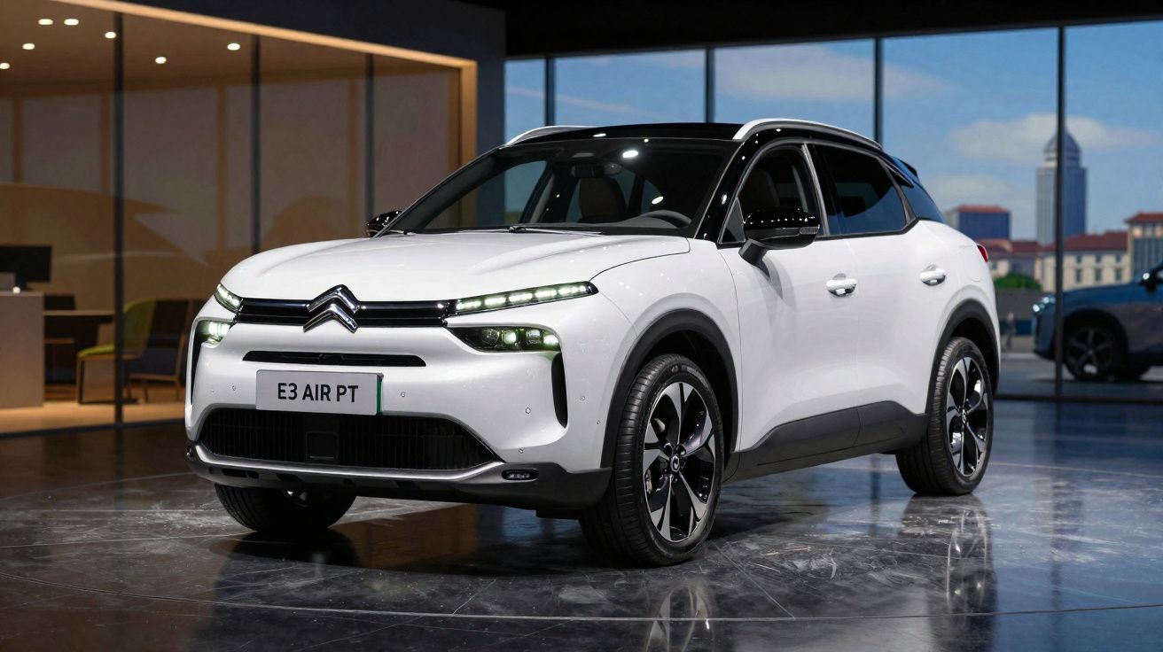 Automóvel Citroën SUV elétrico branco em exposição num interior moderno com janelas grandes.
