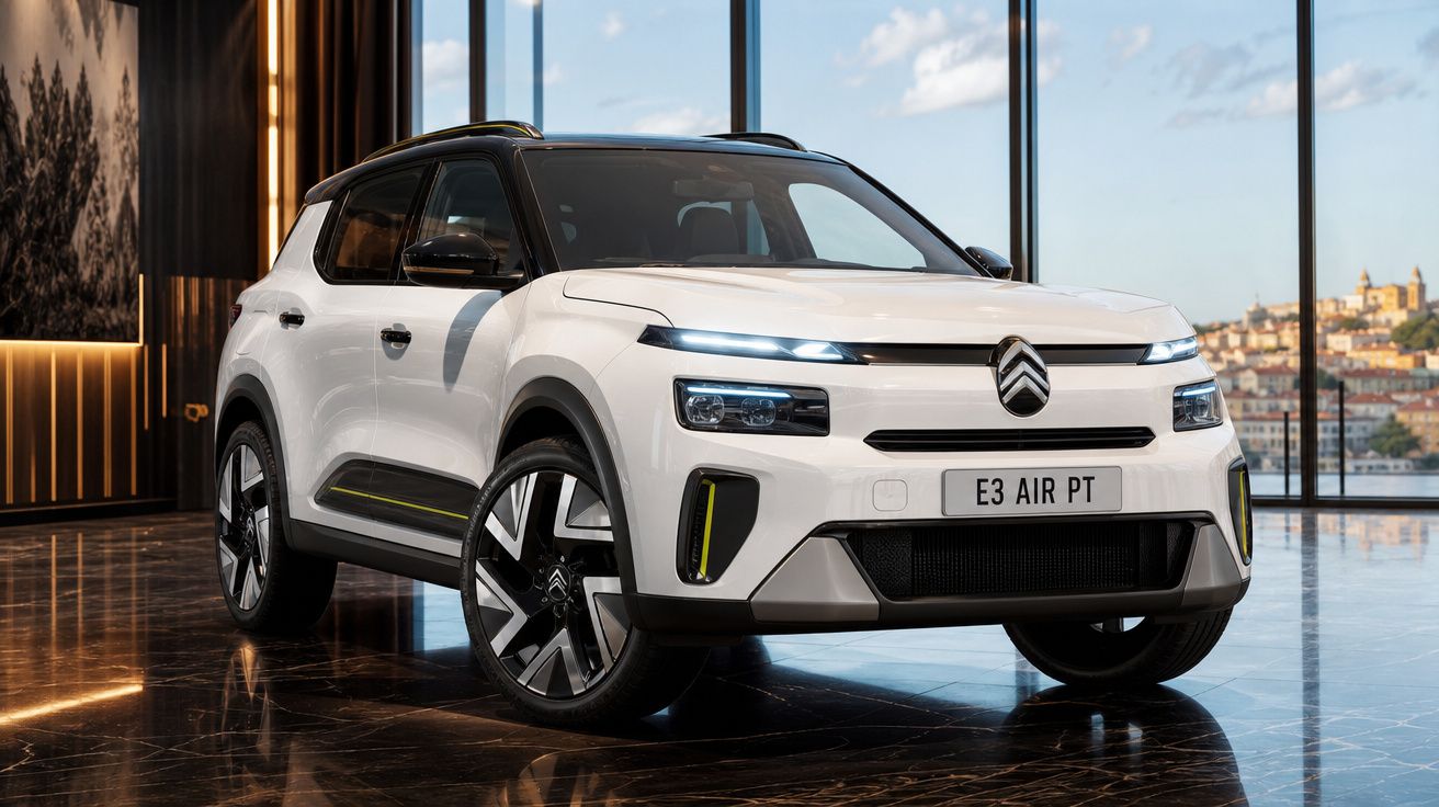 Carro Citroën SUV branco estacionado interior moderno com grandes janelas e vista para a cidade.