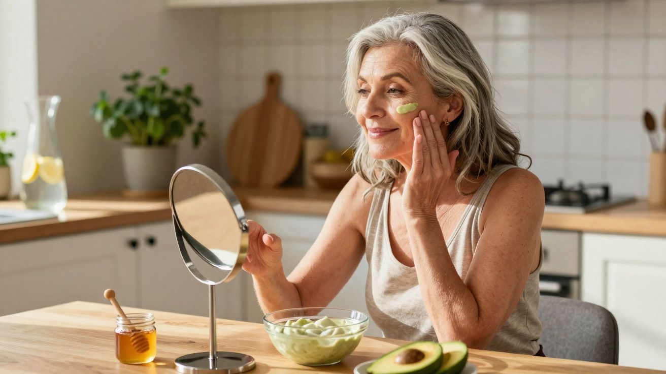 Mulher madura aplica creme de abacate no rosto sentada à mesa na cozinha iluminada e acolhedora.