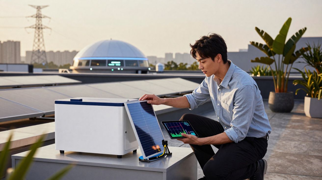 Homem jovem analisa painel solar portátil numa varanda com tablet nas mãos ao pôr do sol.