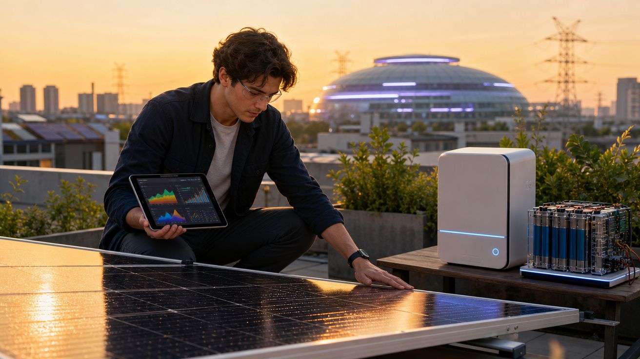 Homem com tablet analisa painel solar numa instalação urbana ao pôr do sol.