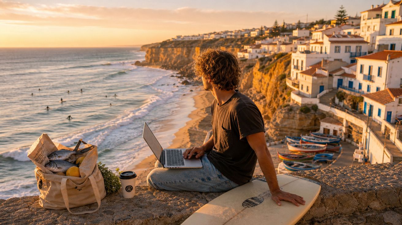 Homem com computador portátil sentado perto do mar com prancha de surf, praia e casas na falésia ao pôr do sol.