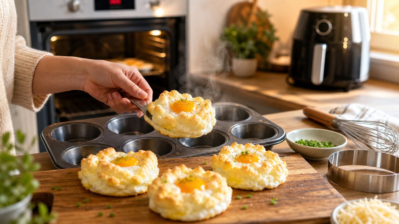 Mão a retirar ovos ninho fofos e dourados de forma de muffins numa cozinha moderna.