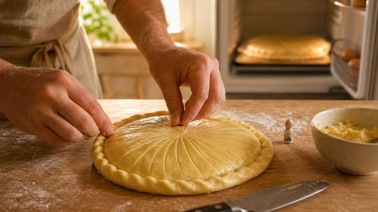 Mãos a decorar uma tarte dourada numa cozinha com bancada de madeira, faca e taça com manteiga.