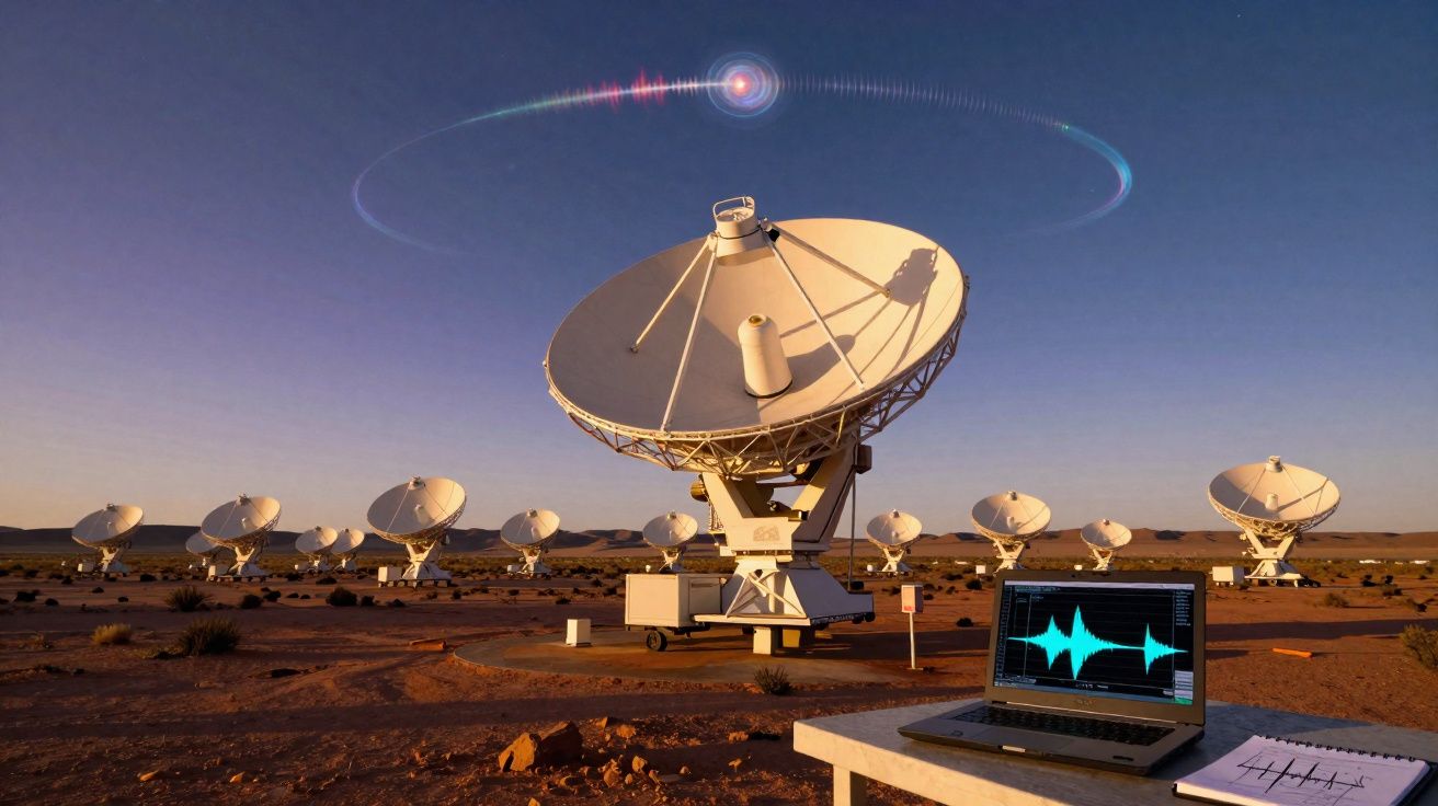 Antenas de rádio em deserto com laptop a mostrar ondas sonoras e visualização de sinal no céu ao pôr do sol.