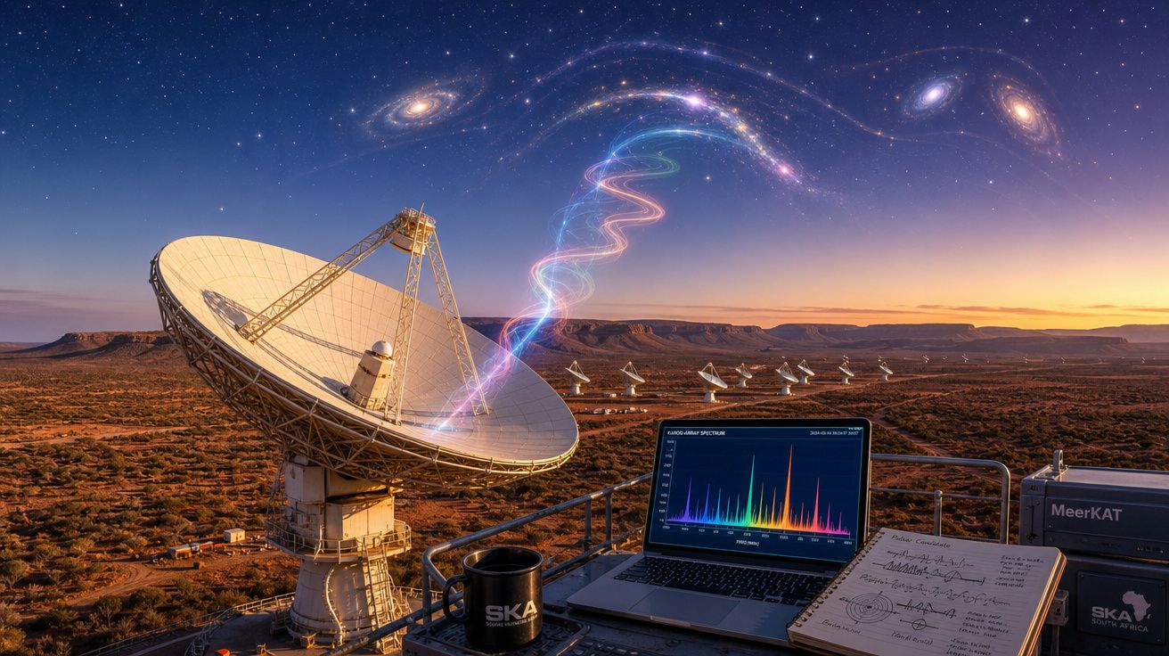 Antena de rádio na paisagem desértica a captar ondas galácticas com computador e anotações científicas.