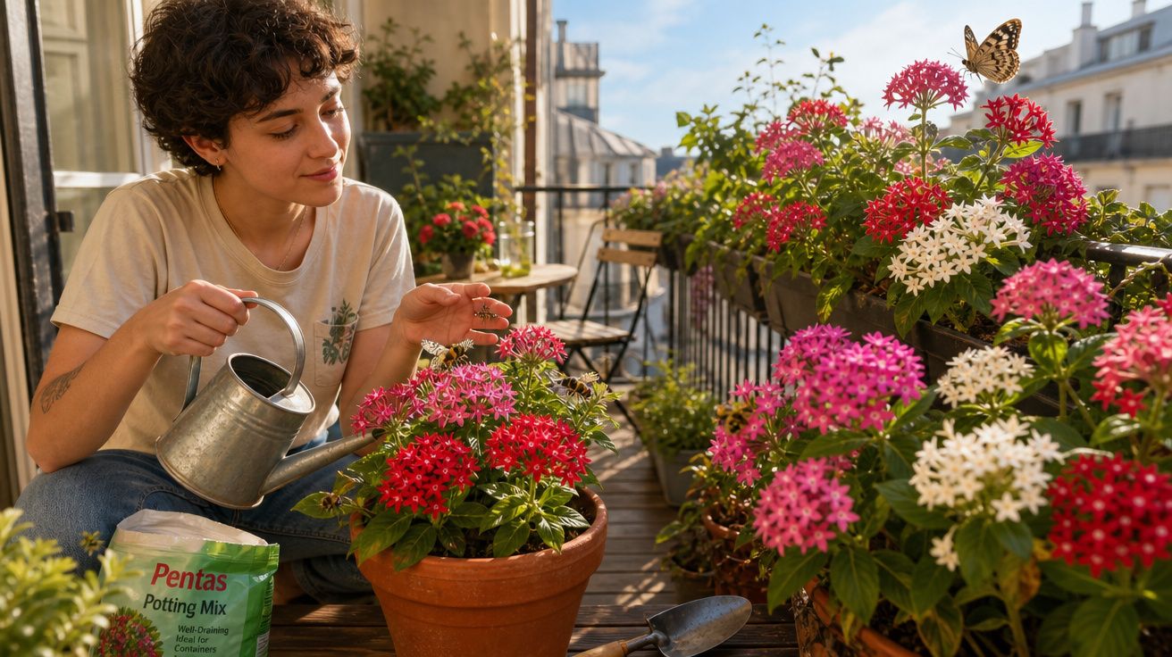 Jovem a regar flores coloridas num terraço urbano ensolarado com borboleta a pousar numa flor.