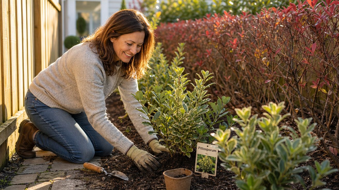 Mulher sorridente a plantar um arbusto Pittosporum num jardim ensolarado junto a uma casa.