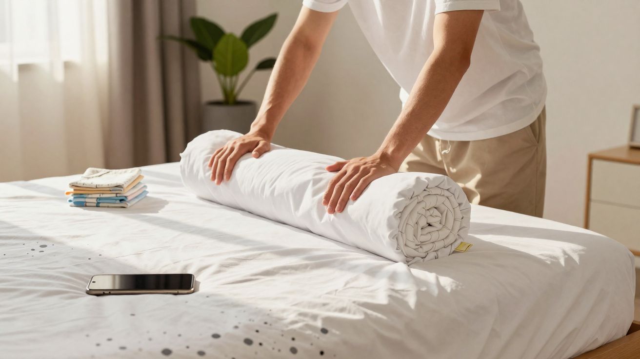 Pessoa enrola um edredão branco numa cama com lençóis claros e telemóvel ao lado, em quarto iluminado.