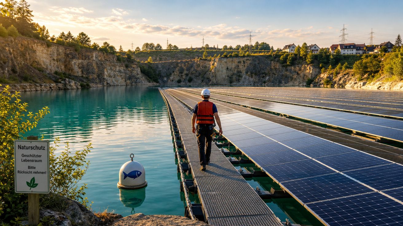 Homem com colete e capacete caminha por passadiço entre painéis solares flutuantes em lago azul rodeado por falésias.