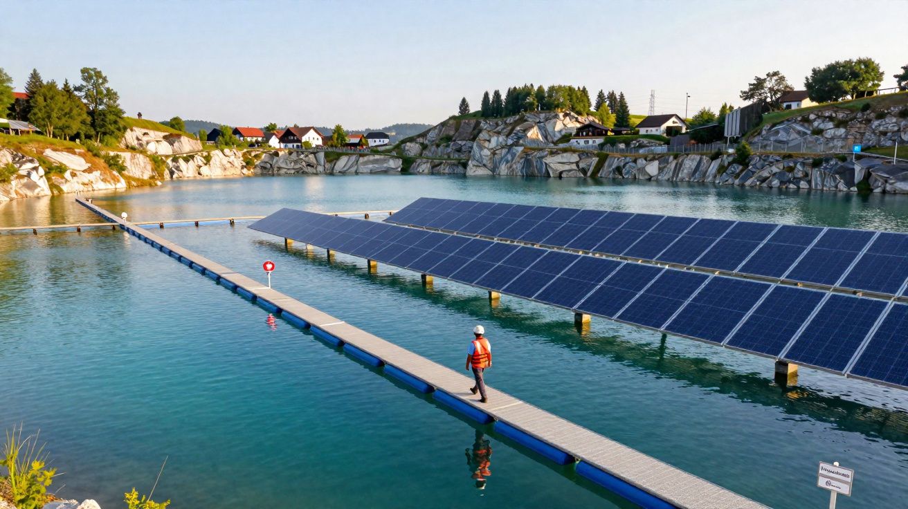 Painéis solares flutuantes num lago rodeado por rochas e casas, com pessoa a caminhar numa passadeira flutuante.