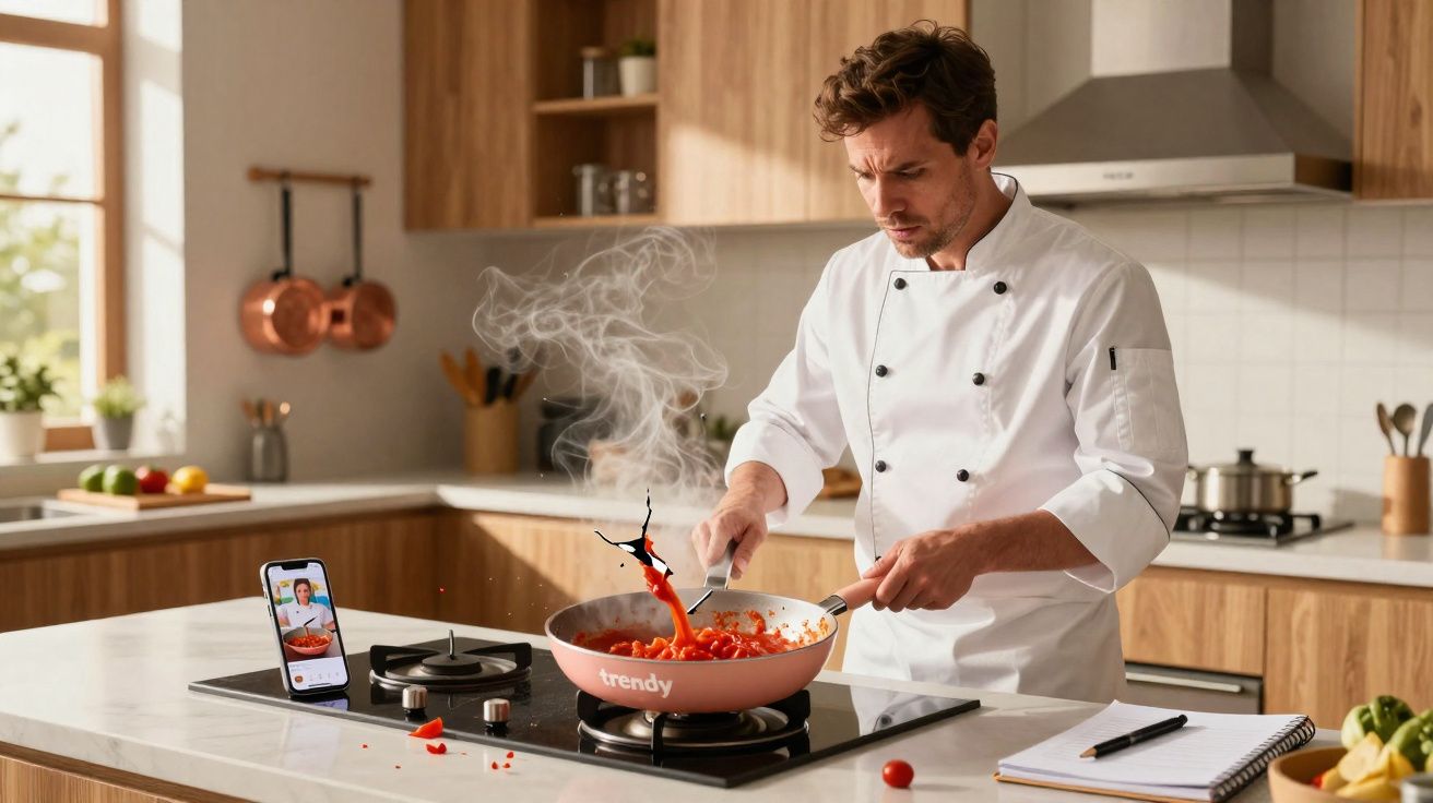 Chef em uniforme branco cozinha molho de tomate numa frigideira rosa numa cozinha moderna e iluminada.
