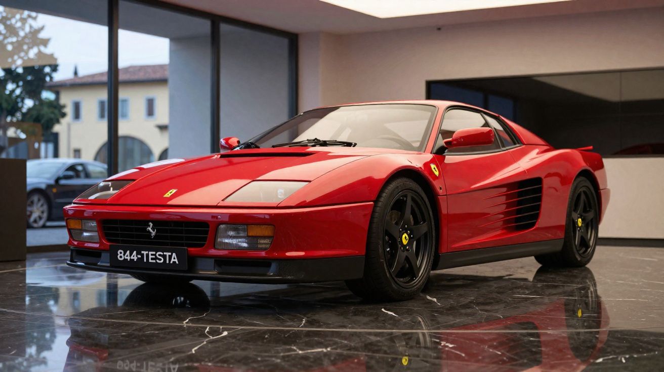 Carro desportivo Ferrari vermelho com matrícula 844-TESTA estacionado em chão de mármore polido.