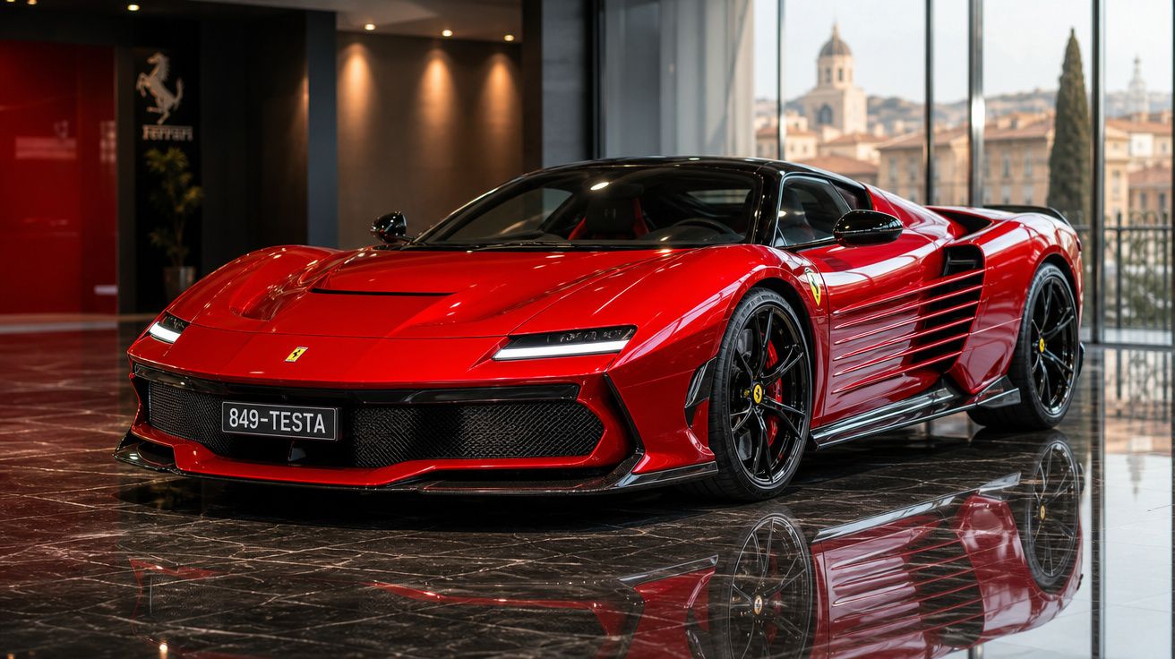 Carro desportivo vermelho Ferrari Testarossa moderno estacionado em sala elegante com chão espelhado.