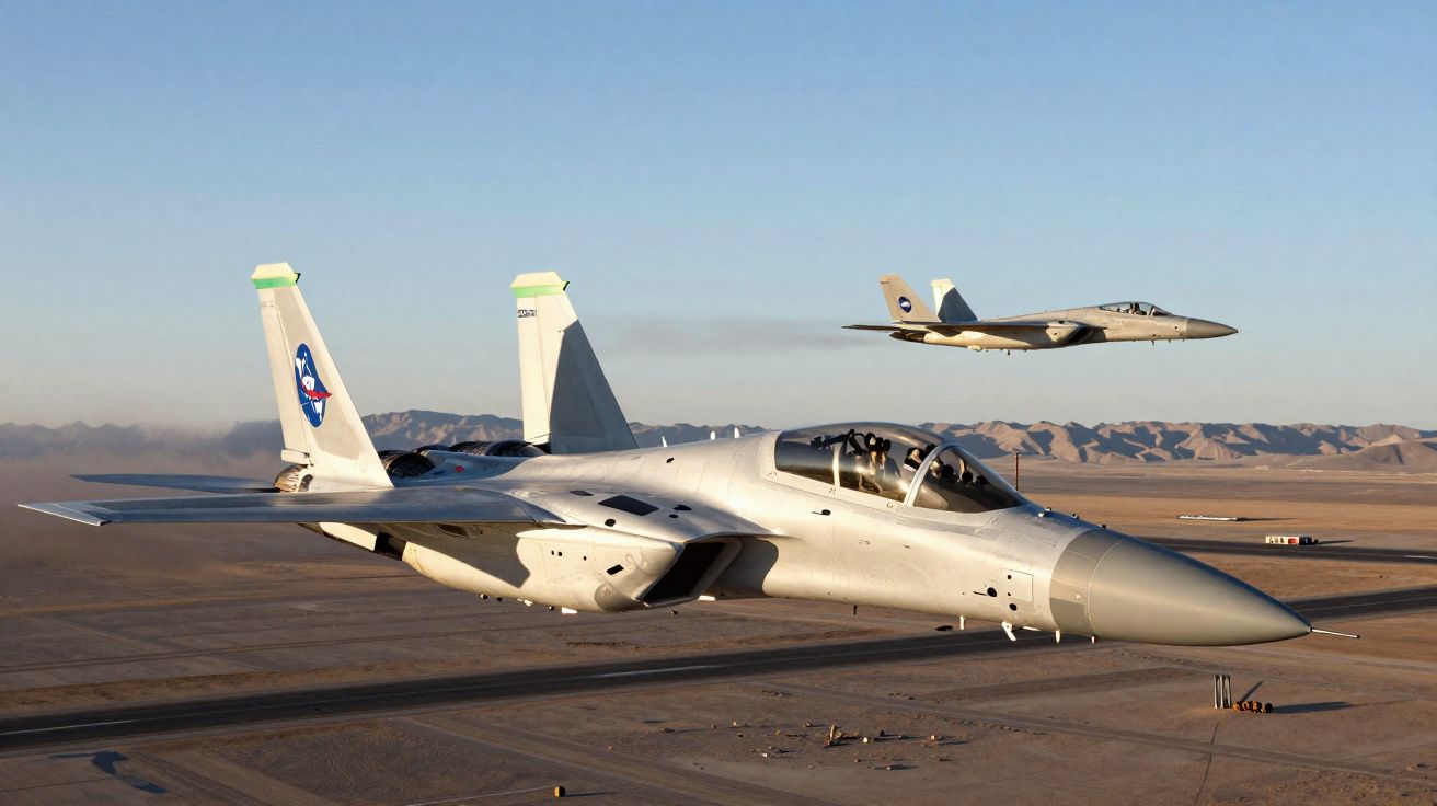 Aviões militares a jato a voar a baixa altitude sobre uma paisagem desértica, com montanhas ao fundo.