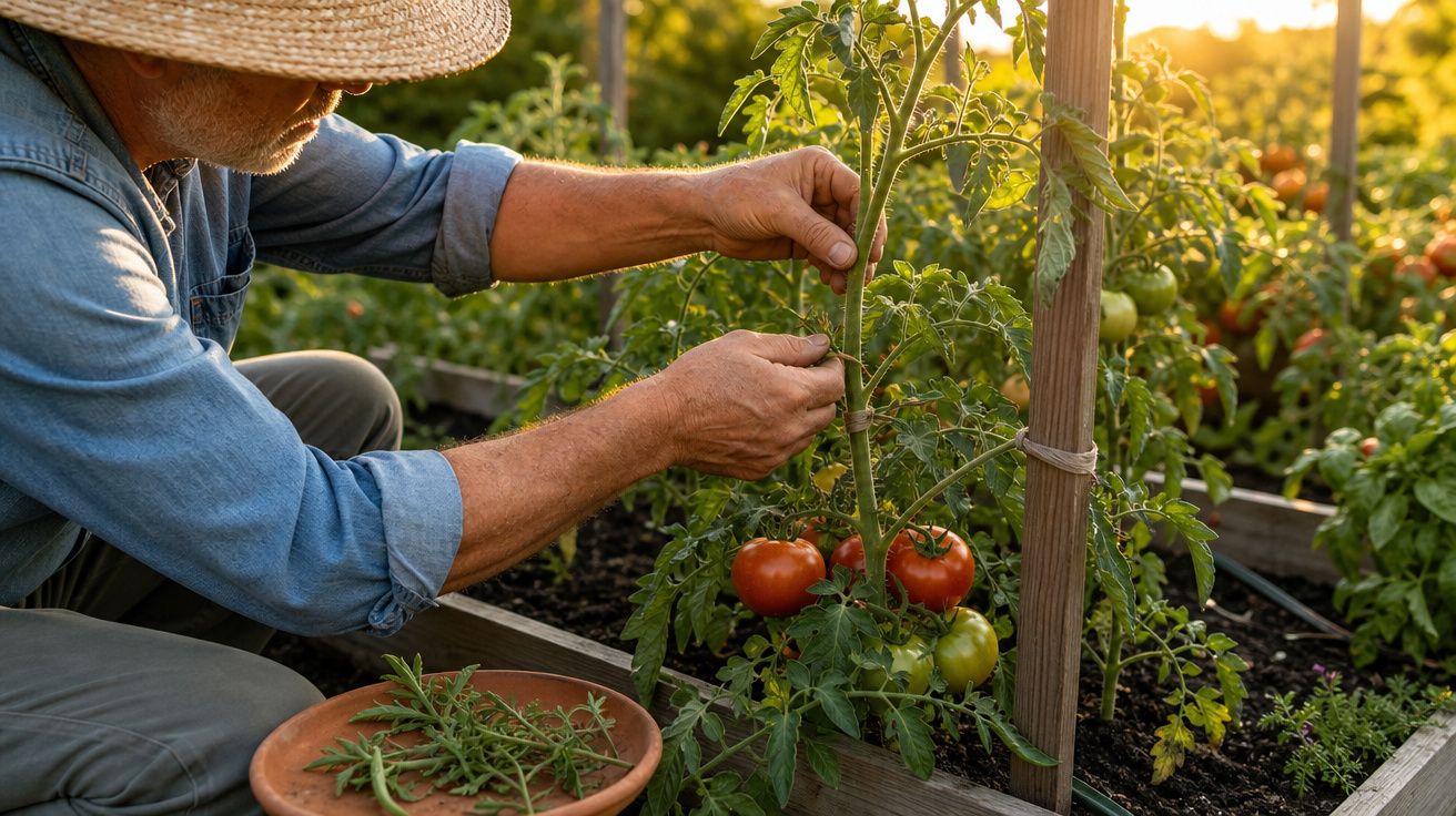Homem a cuidar de plantas de tomateiros num jardim com frutos maduros ao entardecer.