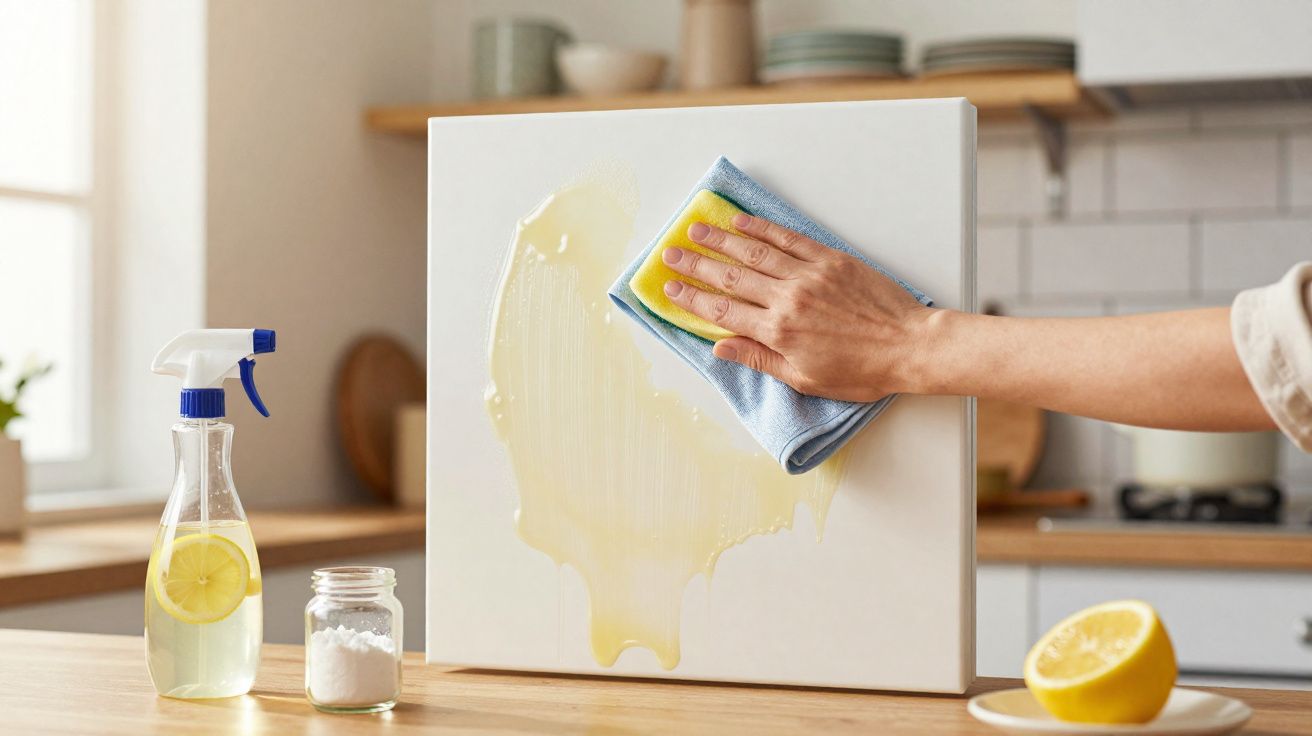 Pessoa a limpar azulejo branco com esponja, spray caseiro com limão e bicarbonato numa cozinha moderna.