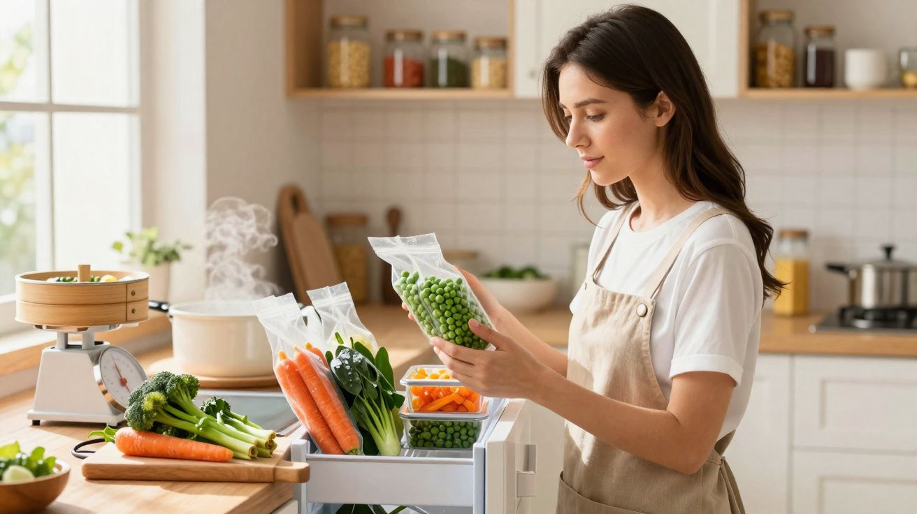 Mulher a guardar legumes frescos em sacos herméticos na cozinha moderna e iluminada.
