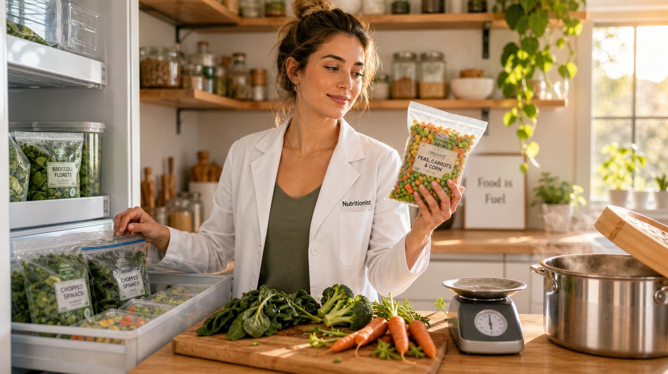 Nutricionista a segurar embalagem de legumes congelados em cozinha com legumes frescos sobre bancada.
