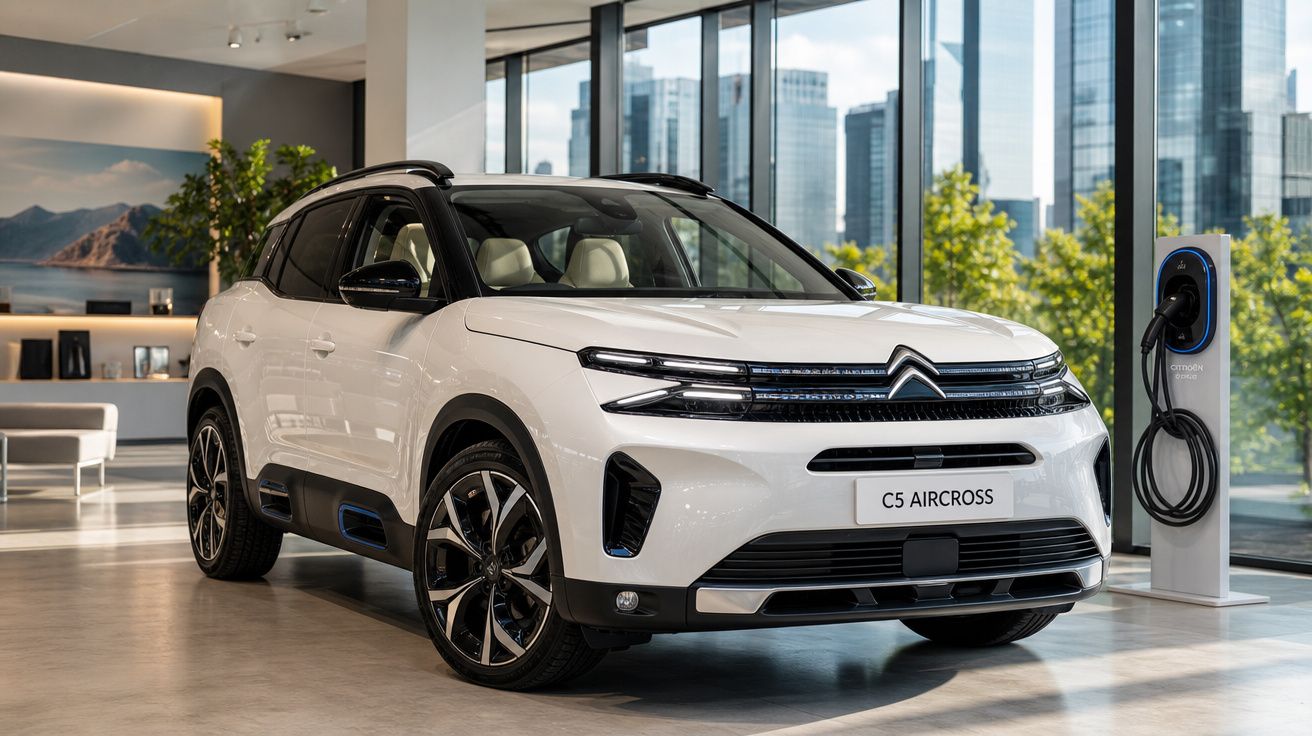 Carro Citroën C5 Aircross branco estacionado em showroom moderno com estação de carregamento elétrica.