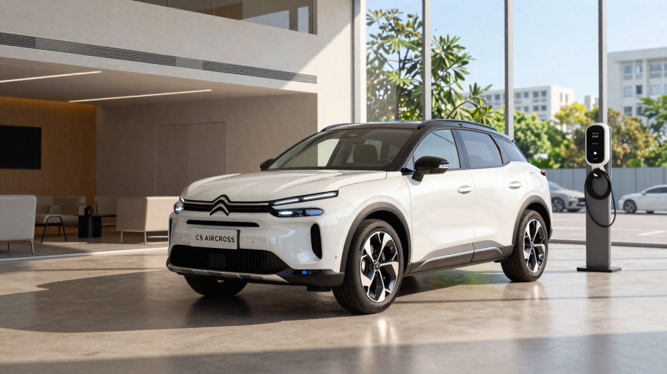 Carro elétrico Citroën C5 Aircross branco numa sala moderna junto a estação de carregamento.