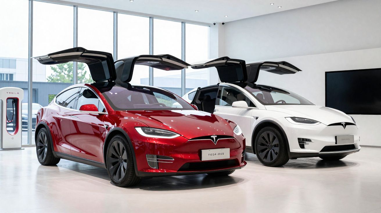 Dois carros elétricos Tesla com portas em asas de gaivota, um vermelho e um branco, expostos numa sala luminosa.